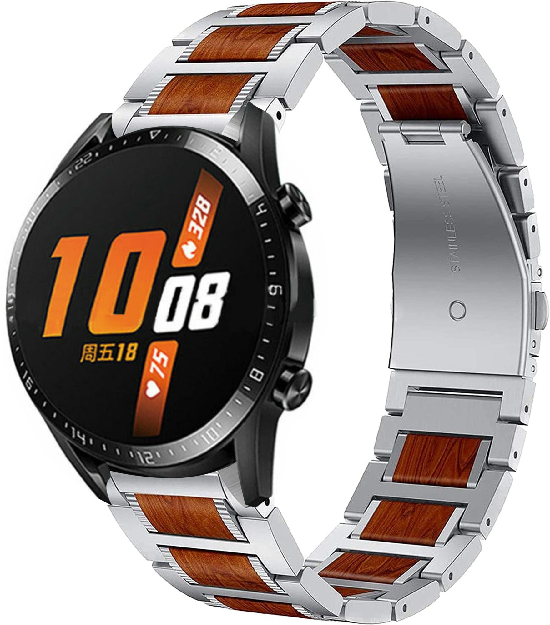 Wood Steel Strap, silver, on a watch, 3/4 front view