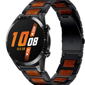 Wood Steel Strap, black, on a watch, 3/4 front view