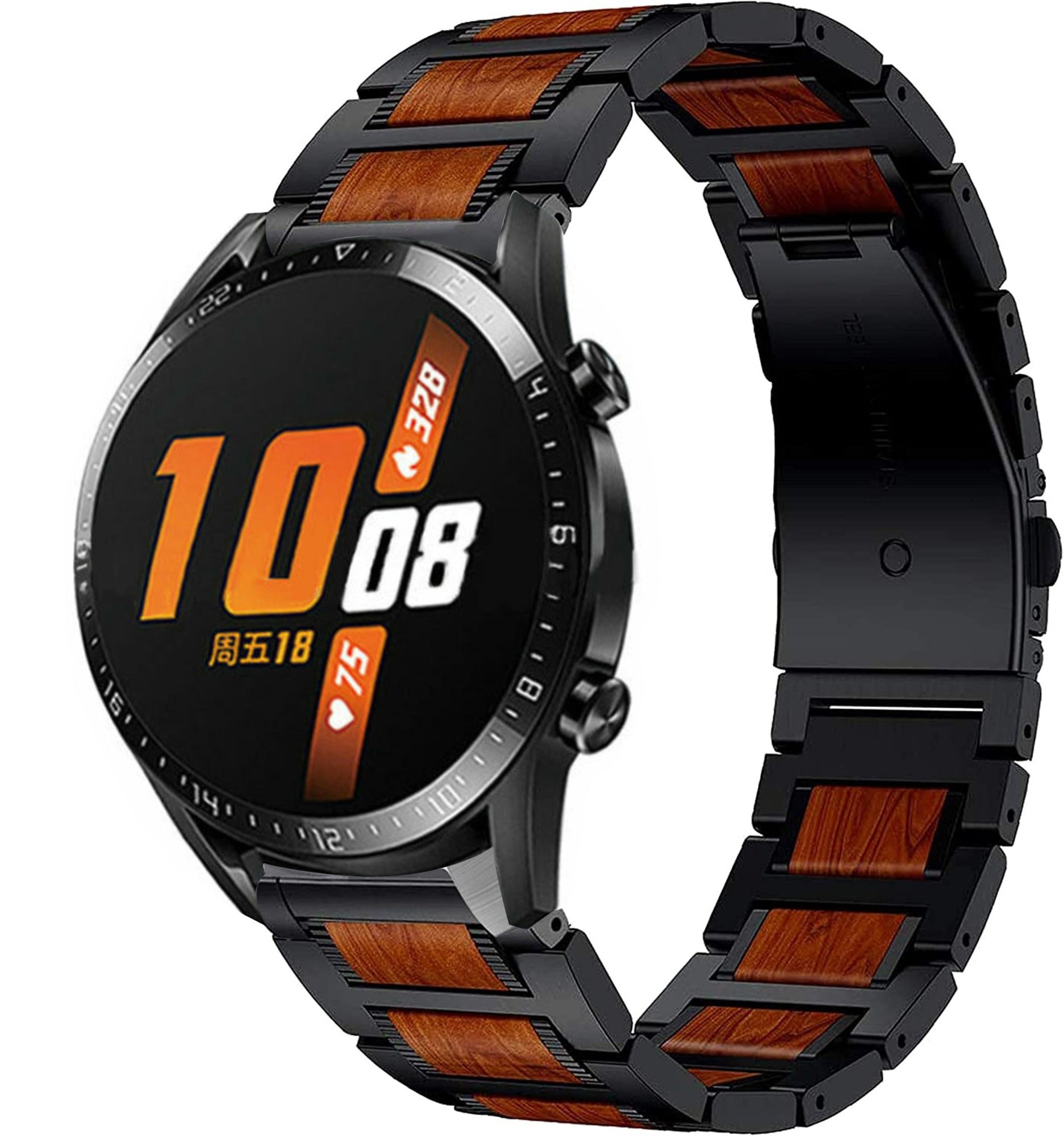 Wood Steel Strap, black, on a watch, 3/4 front view