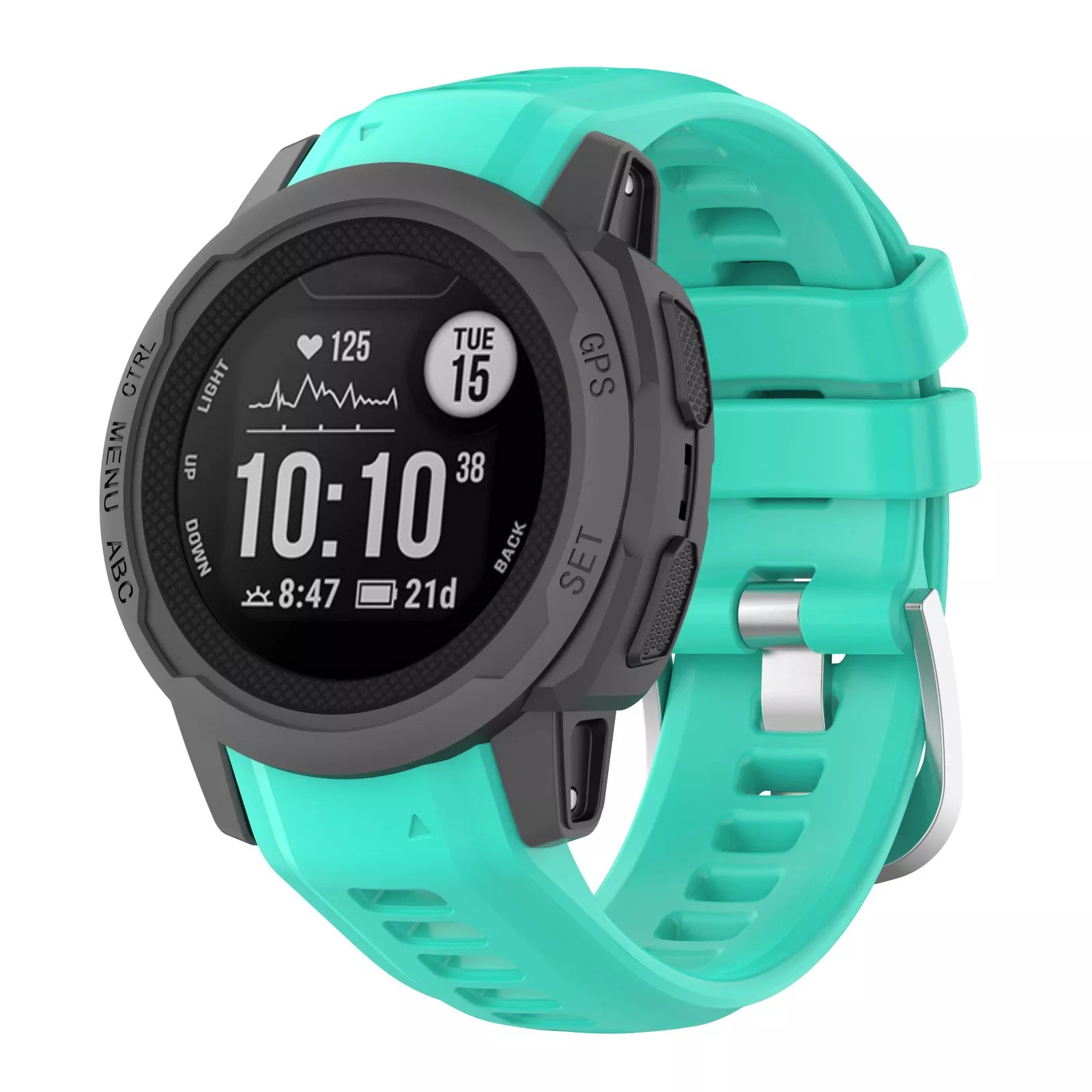 Silicone Strap, aqua, on a watch, 3/4 front view
