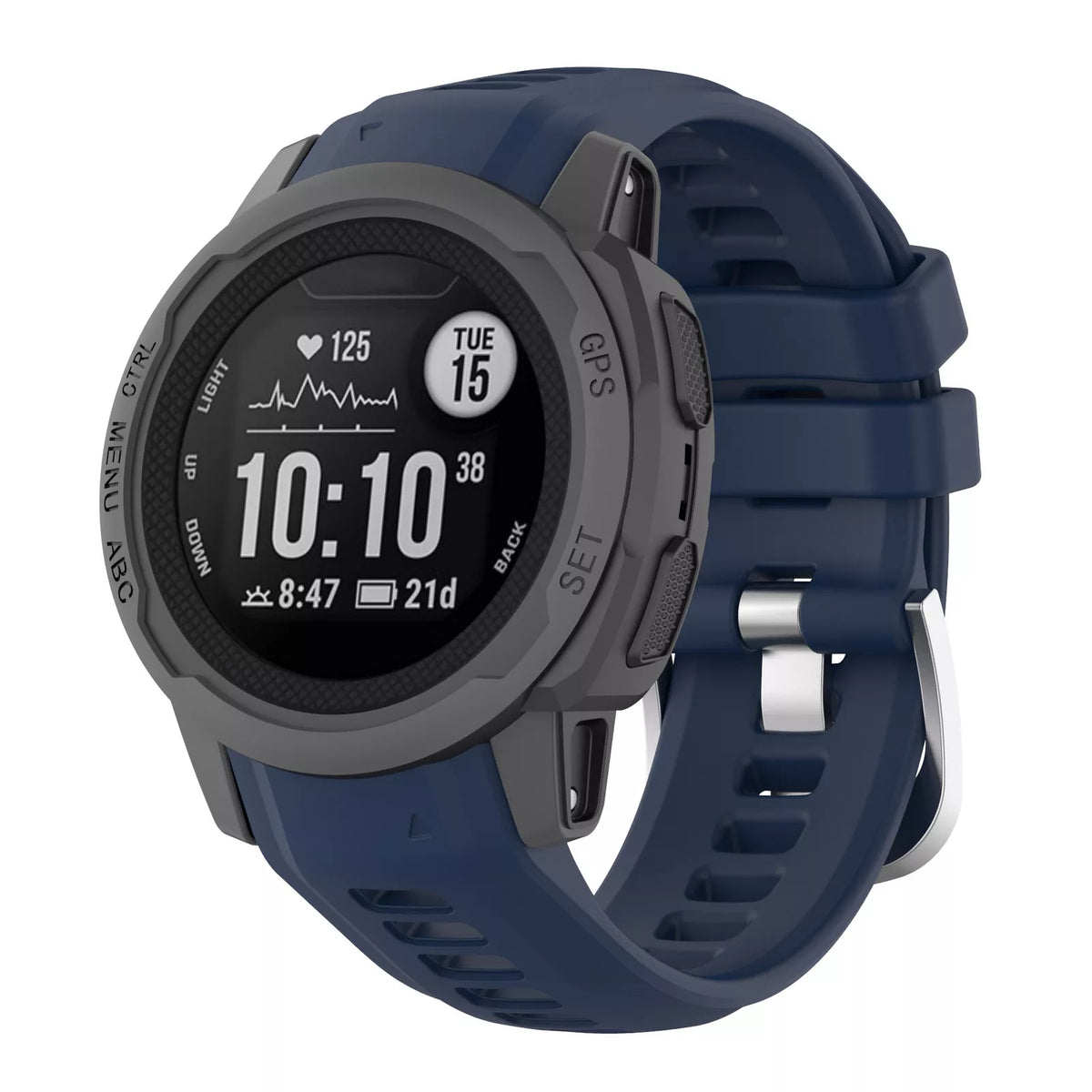 Silicone Strap, dark blue, on a watch, 3/4 front view