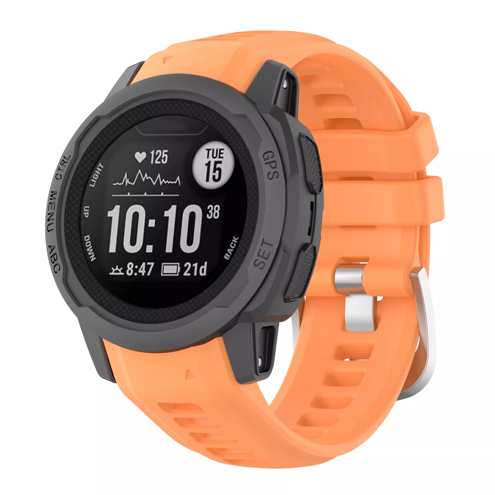 Silicone Strap, orange, on a watch, 3/4 front view