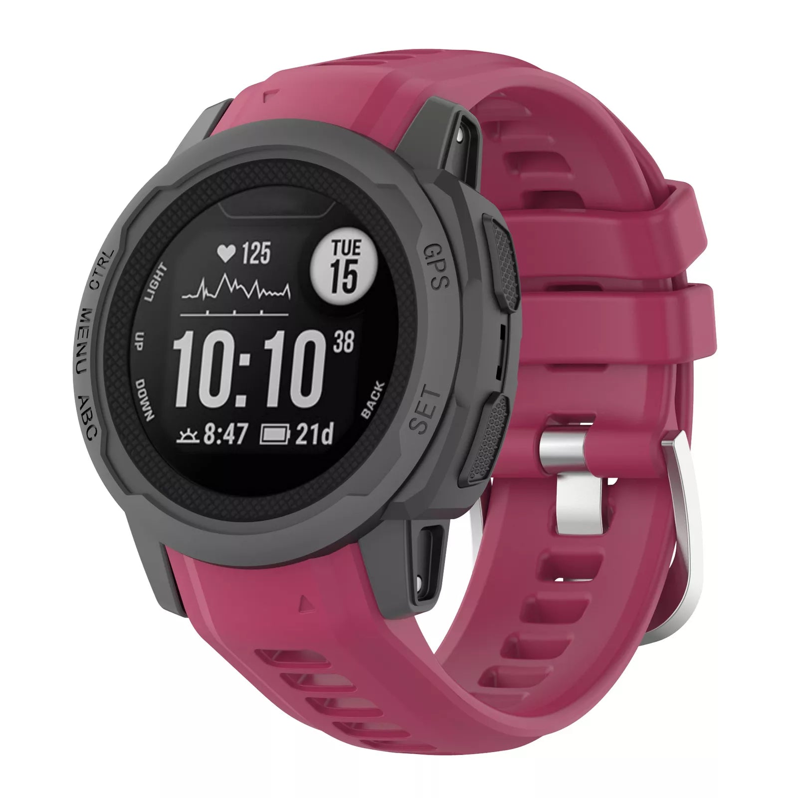 Silicone Strap, wine red, on a watch, 3/4 front view