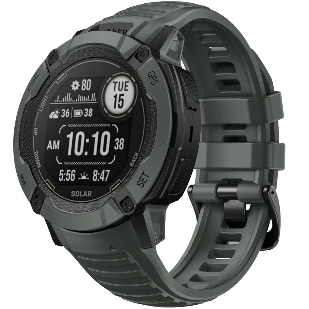 Silicone Strap, dark green, on a watch, 3/4 front view