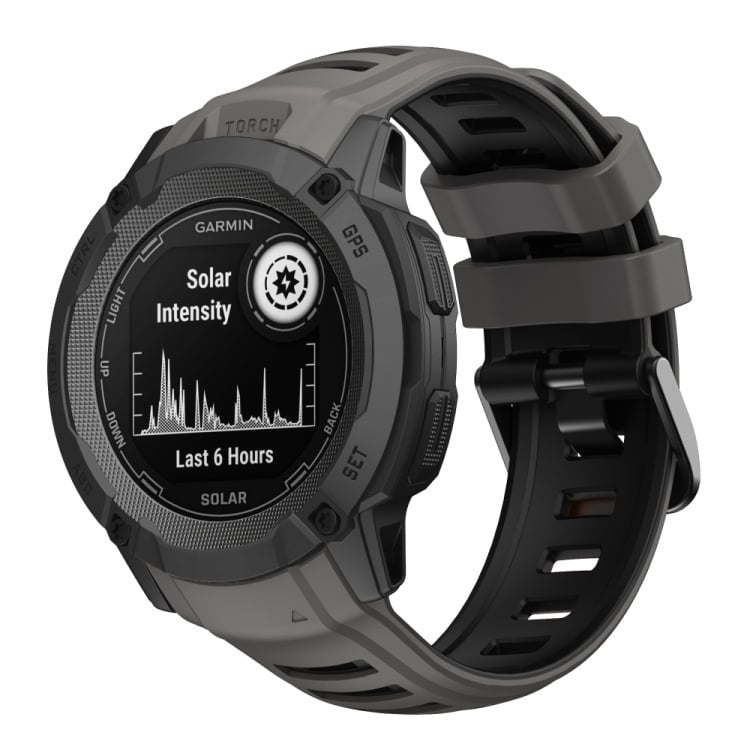 Silicone Sport Strap, dark grey/black, on a watch, 3/4 front view