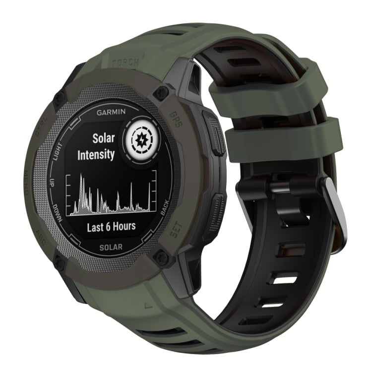 Silicone Sport Strap, dark green/black, on a watch, 3/4 front view