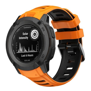 Silicone Sport Strap, orange/black, on a watch, 3/4 front view