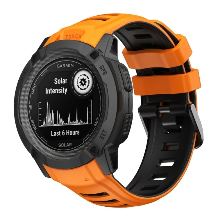 Silicone Sport Strap, orange/black, on a watch, 3/4 front view