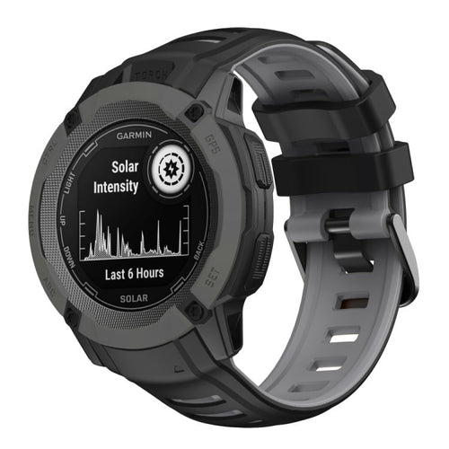 Silicone Sport Strap, black/grey, on a watch, 3/4 front view