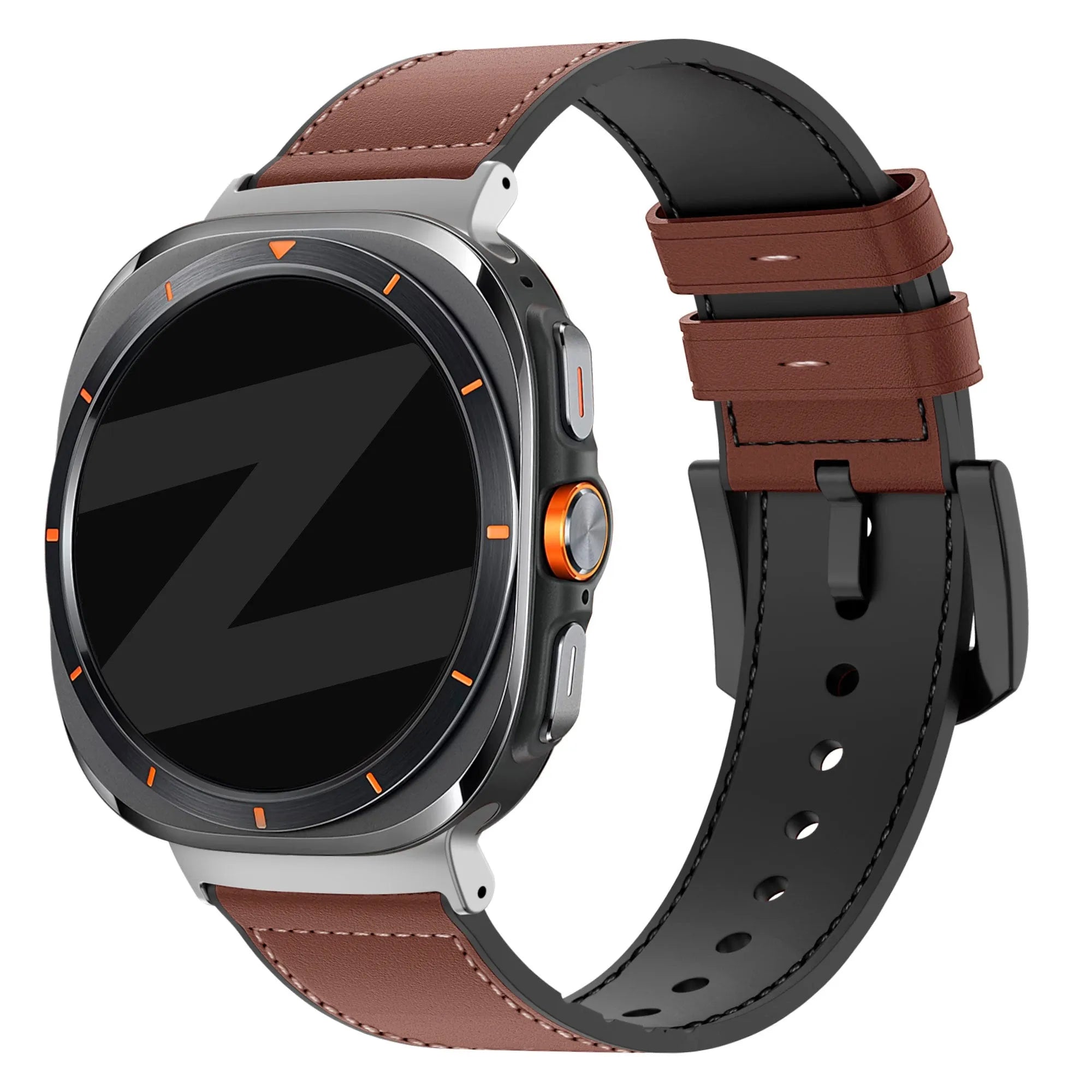 Leather Hybrid Strap with Buckle, brown, on a watch, 3/4 front view
