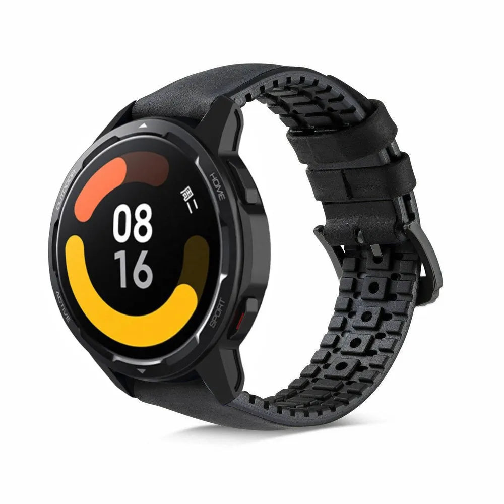 Leather Hybrid Strap, black, on a watch, 3/4 front view