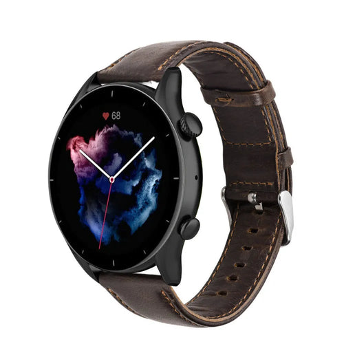 Leather Strap, dark brown, on a watch, 3/4 front view