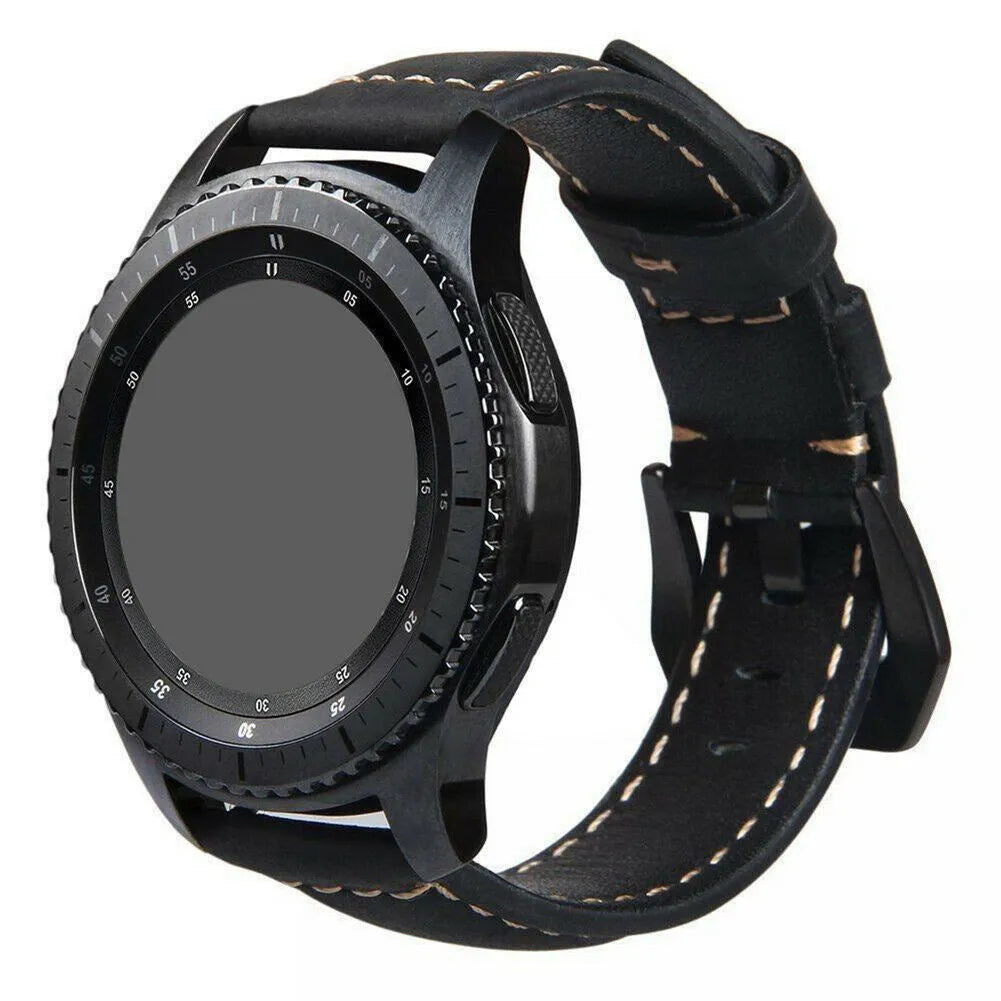 Leather Strap, black, on a watch, 3/4 front view