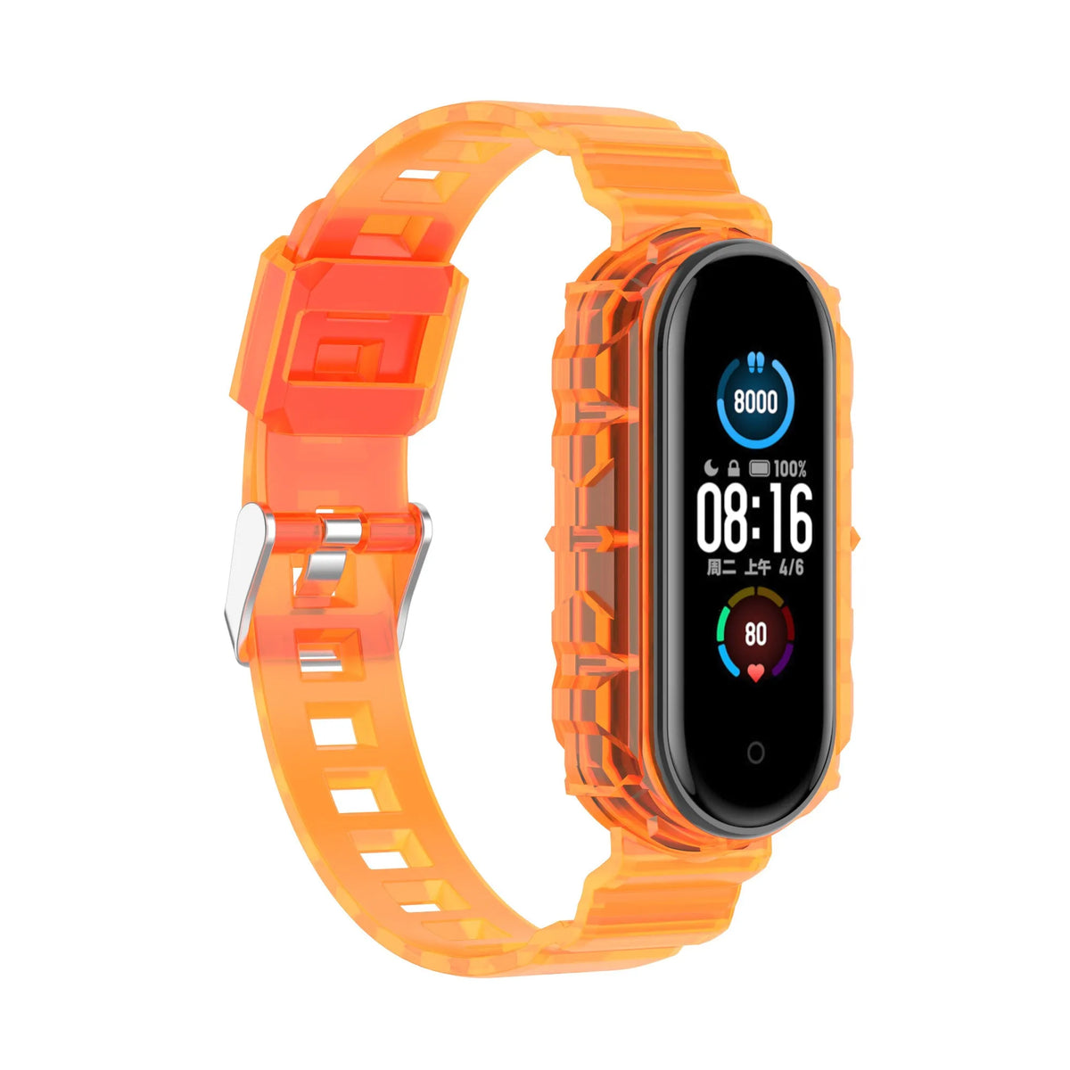 Silicone Clear TPU Strap, transparent orange, on a watch, 3/4 front view