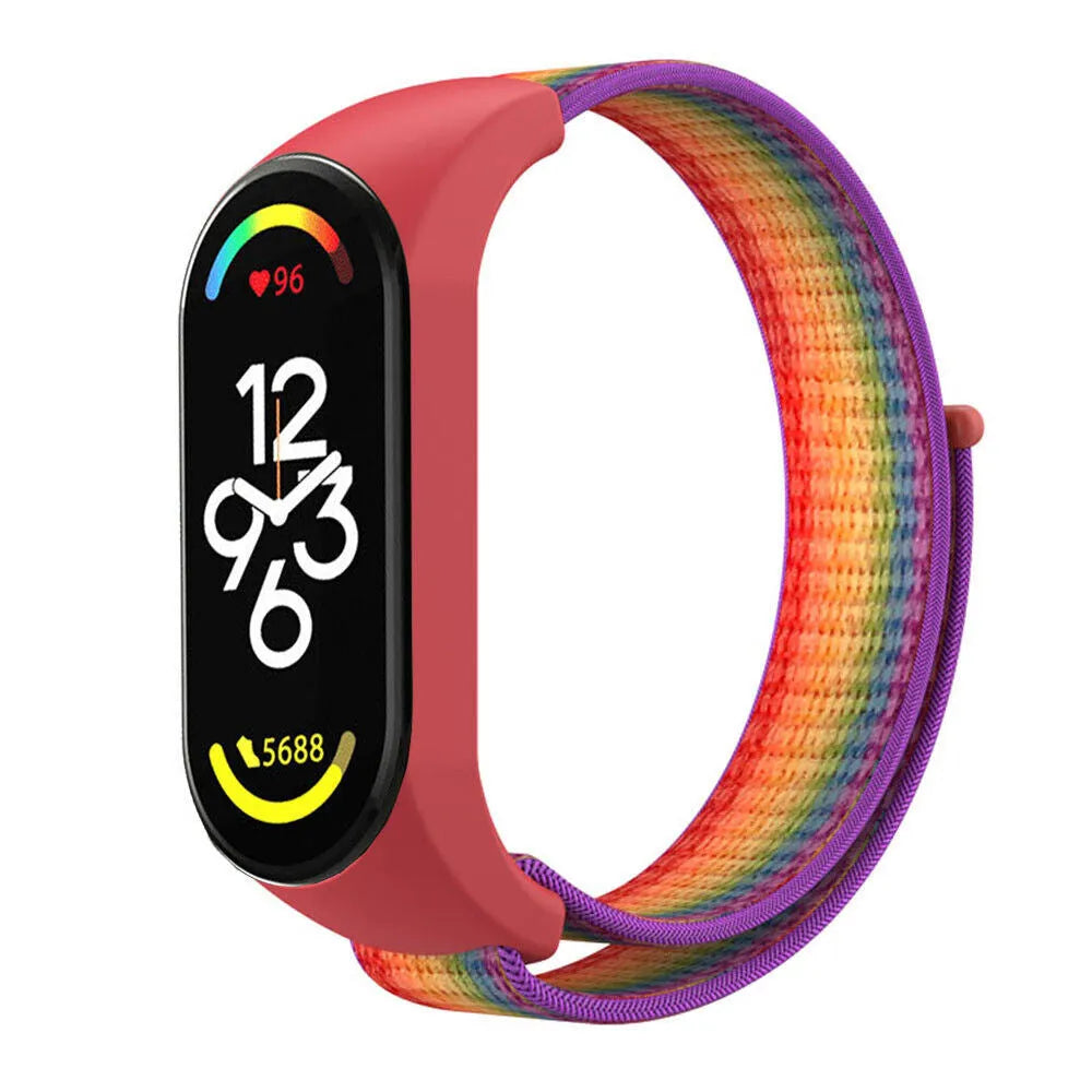 Nylon Strap, rainbow, on a watch, 3/4 front view