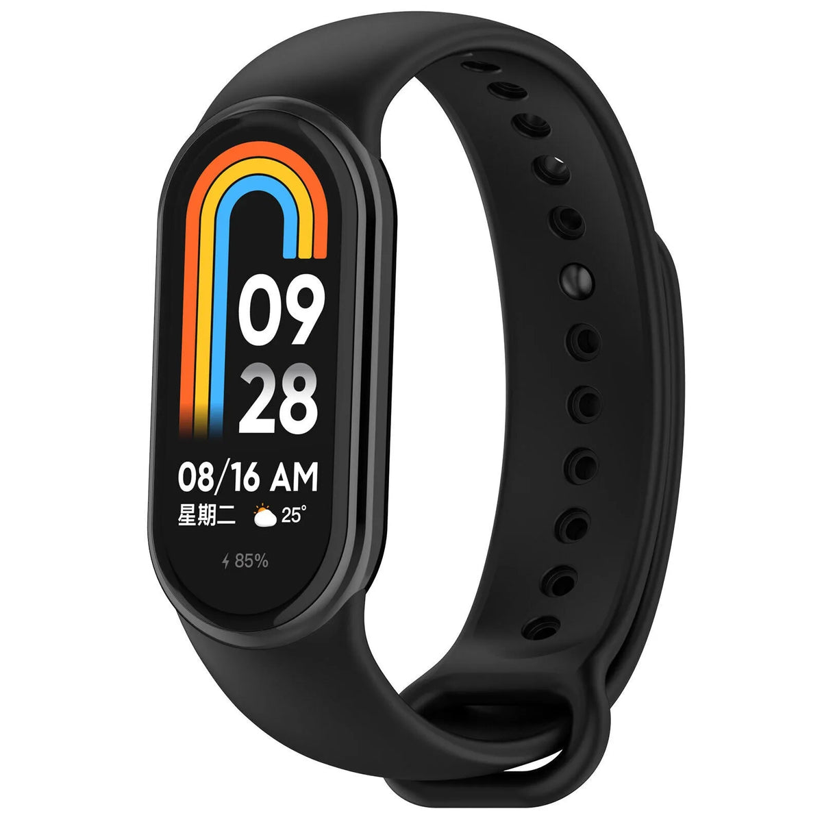 Silicone Strap, black, on a watch, 3/4 front view
