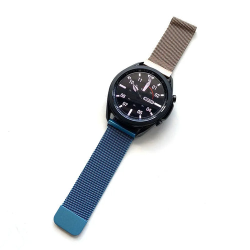 Milanese Strap, blue/gold, on a watch, 3/4 front view