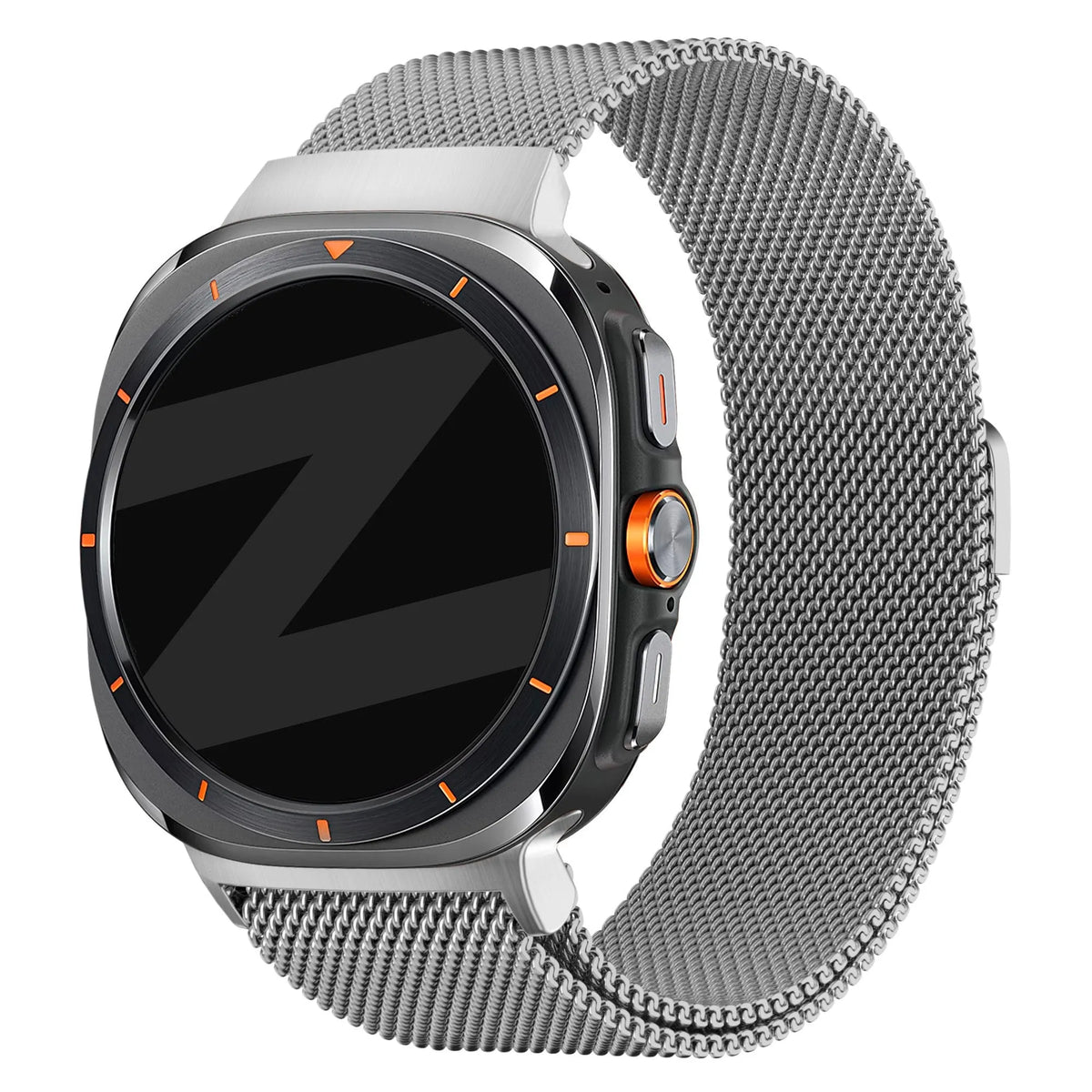 Milanese Loop Strap, silver, on a watch, 3/4 front view