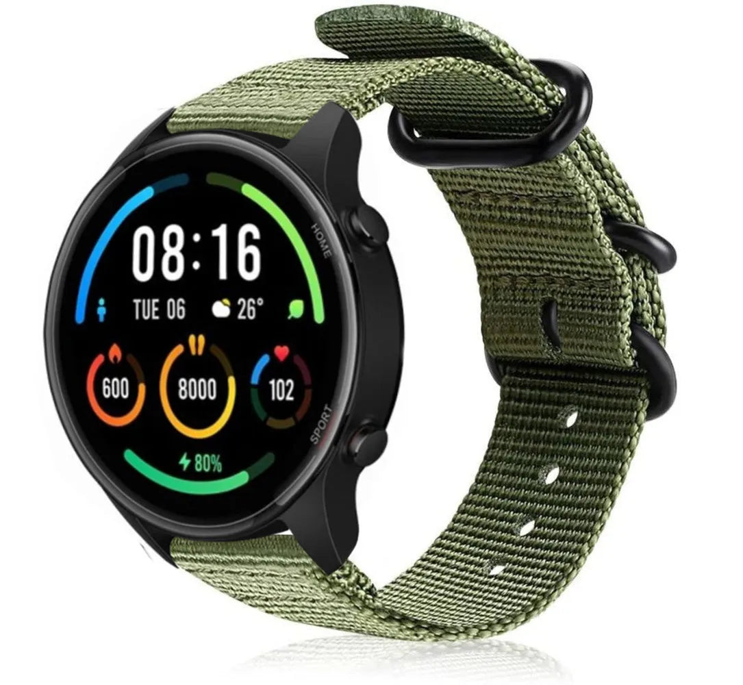 Nylon Buckle Strap, green, on a watch, 3/4 front view
