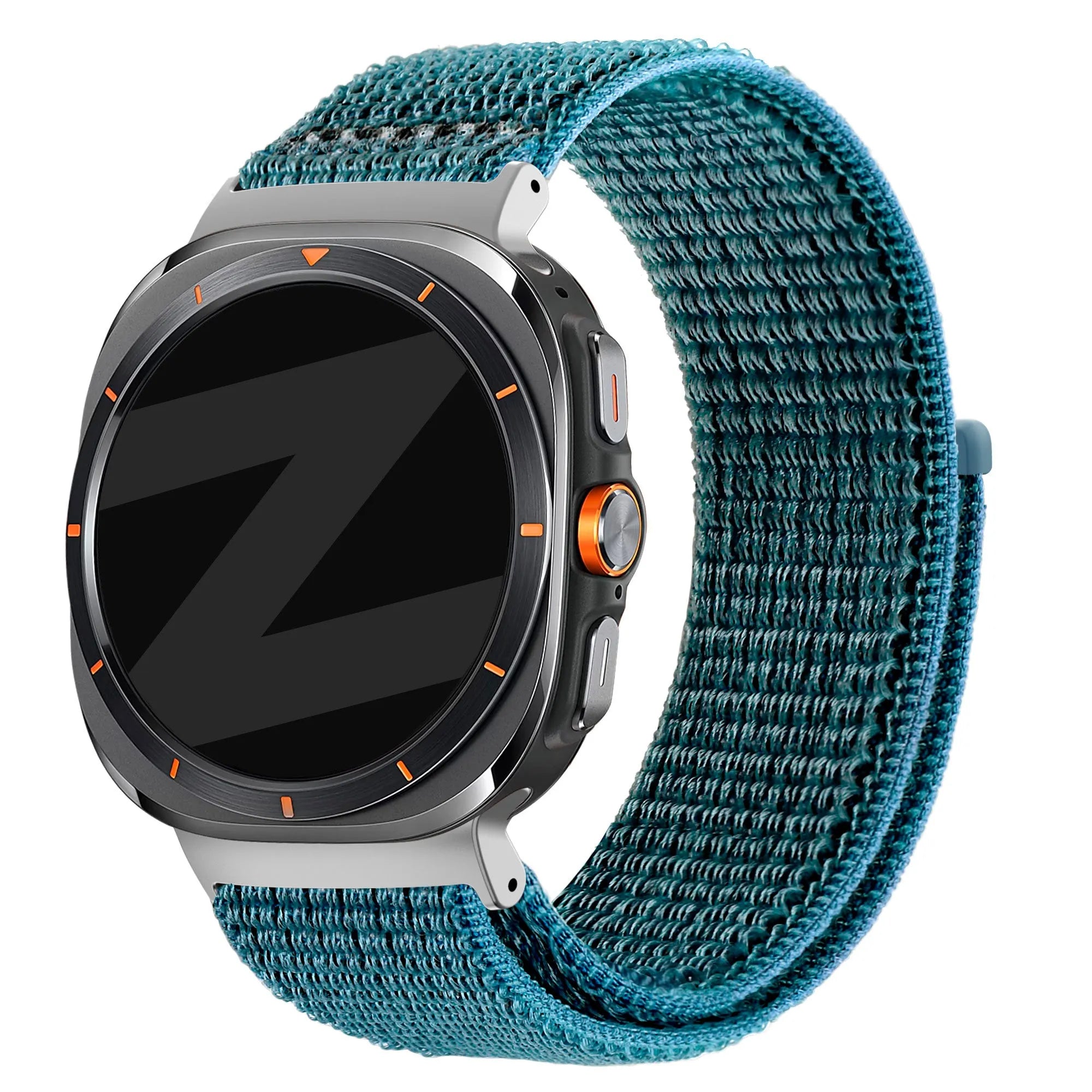 Nylon Loop Strap, blue-green, on a watch, 3/4 front view