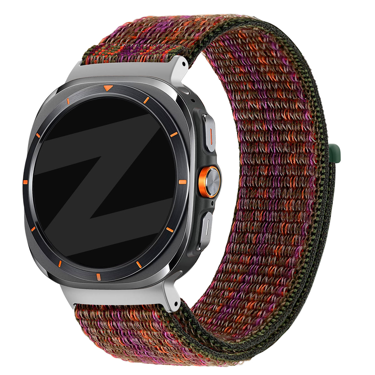 Nylon Loop Strap, green mix, on a watch, 3/4 front view