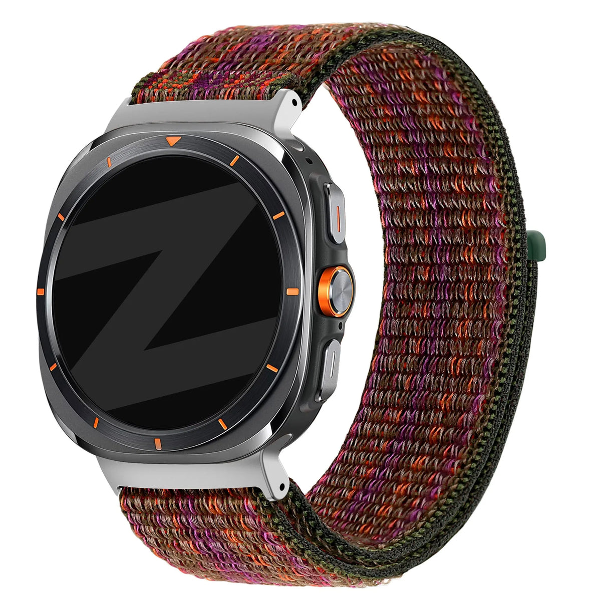 Nylon Loop Strap, green mix, on a watch, 3/4 front view