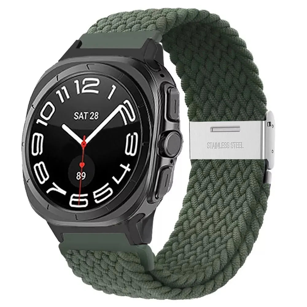 Braided Nylon Strap, olive green, on a watch, 3/4 front view
