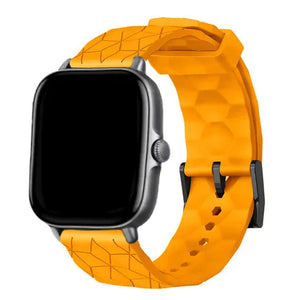 Silicone Strap Hexagons, orange, on a watch, 3/4 front view