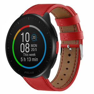Modern Leather Strap, red, on a watch, 3/4 front view