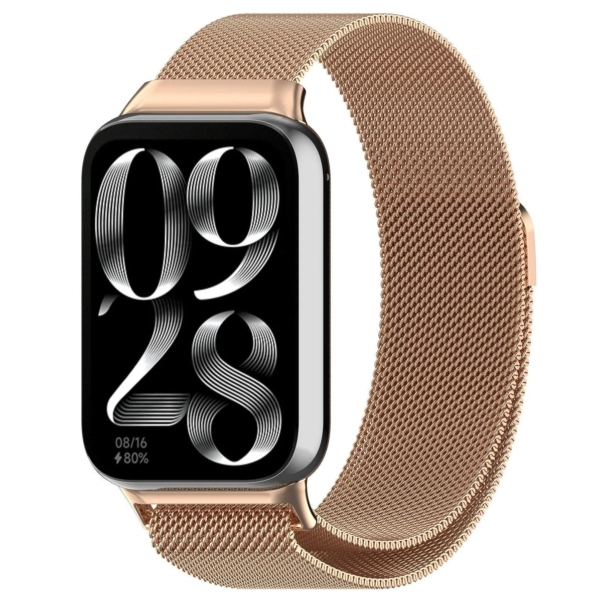 Milanese Strap, rose gold, on a watch, 3/4 front view