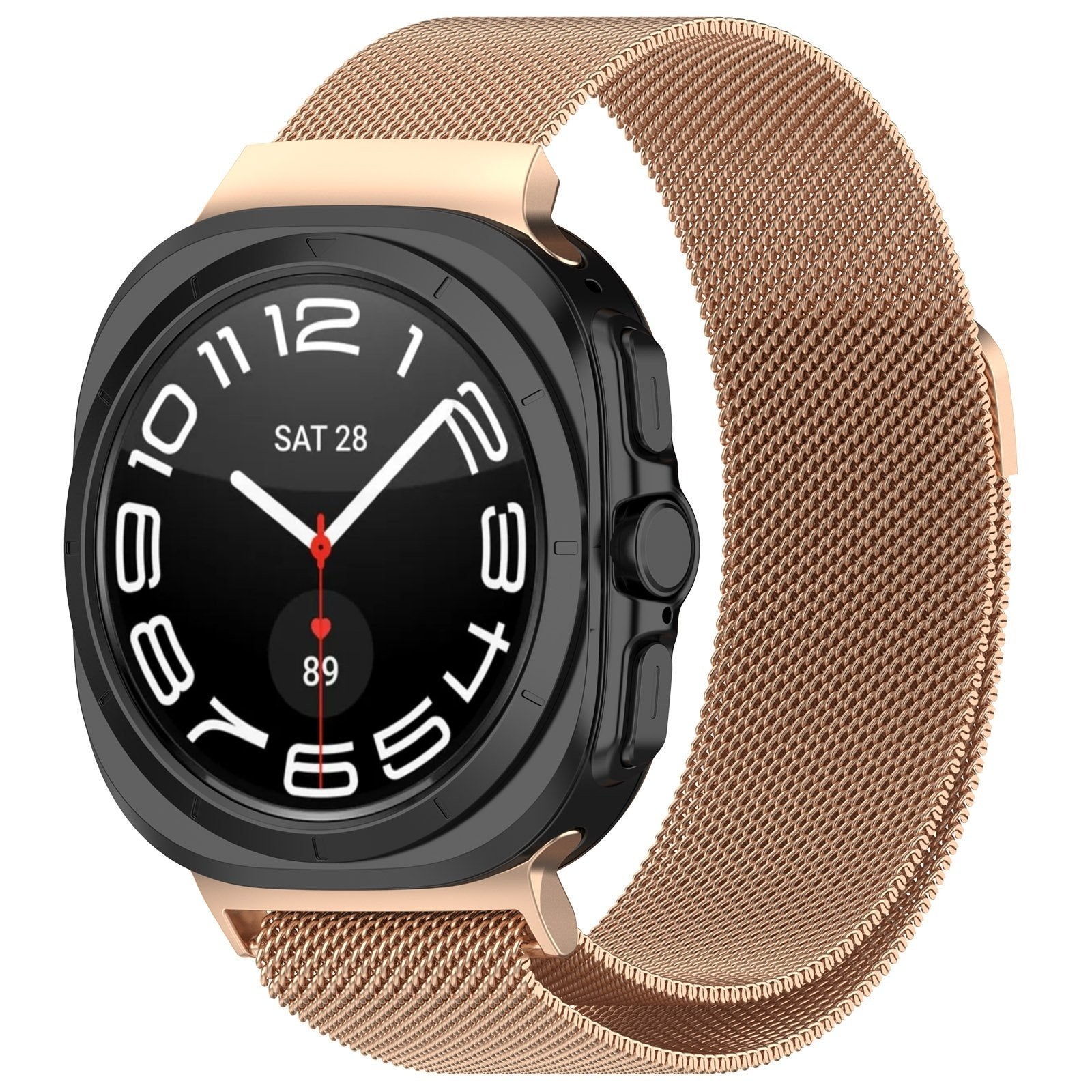 Milanese Strap, rose gold, on a watch, 3/4 front view