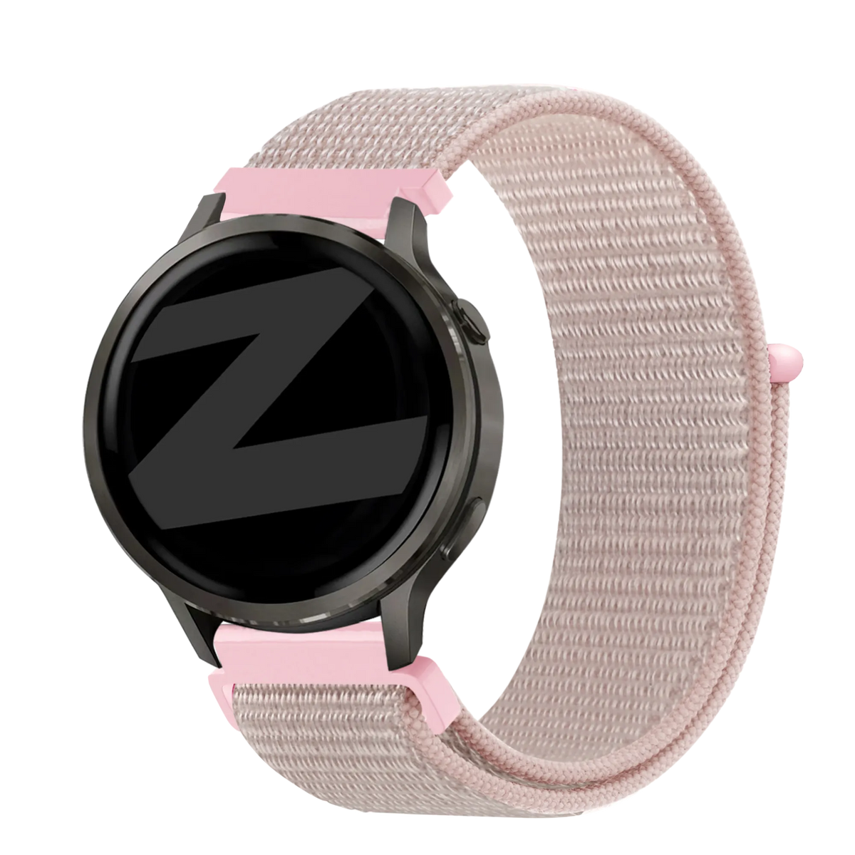 Nylon Loop Strap, rose gold, on a watch, 3/4 front view
