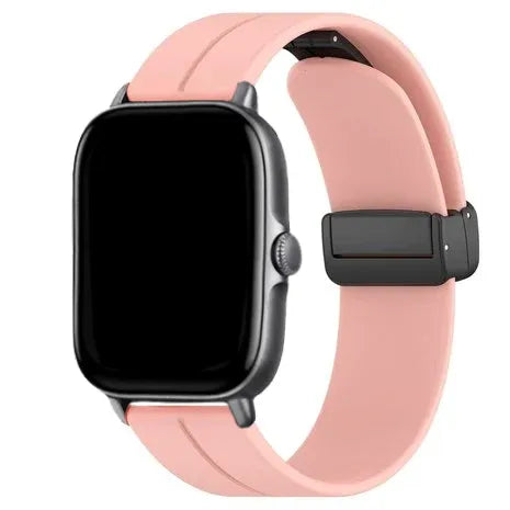 D-Buckle Silicone Strap, pink, on a watch, 3/4 front view