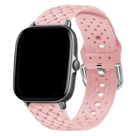 Braided Silicone Strap, pink, on a watch, 3/4 front view