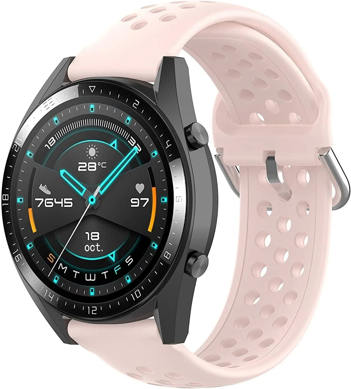 Breathable Silicone Strap, pink, on a watch, 3/4 front view