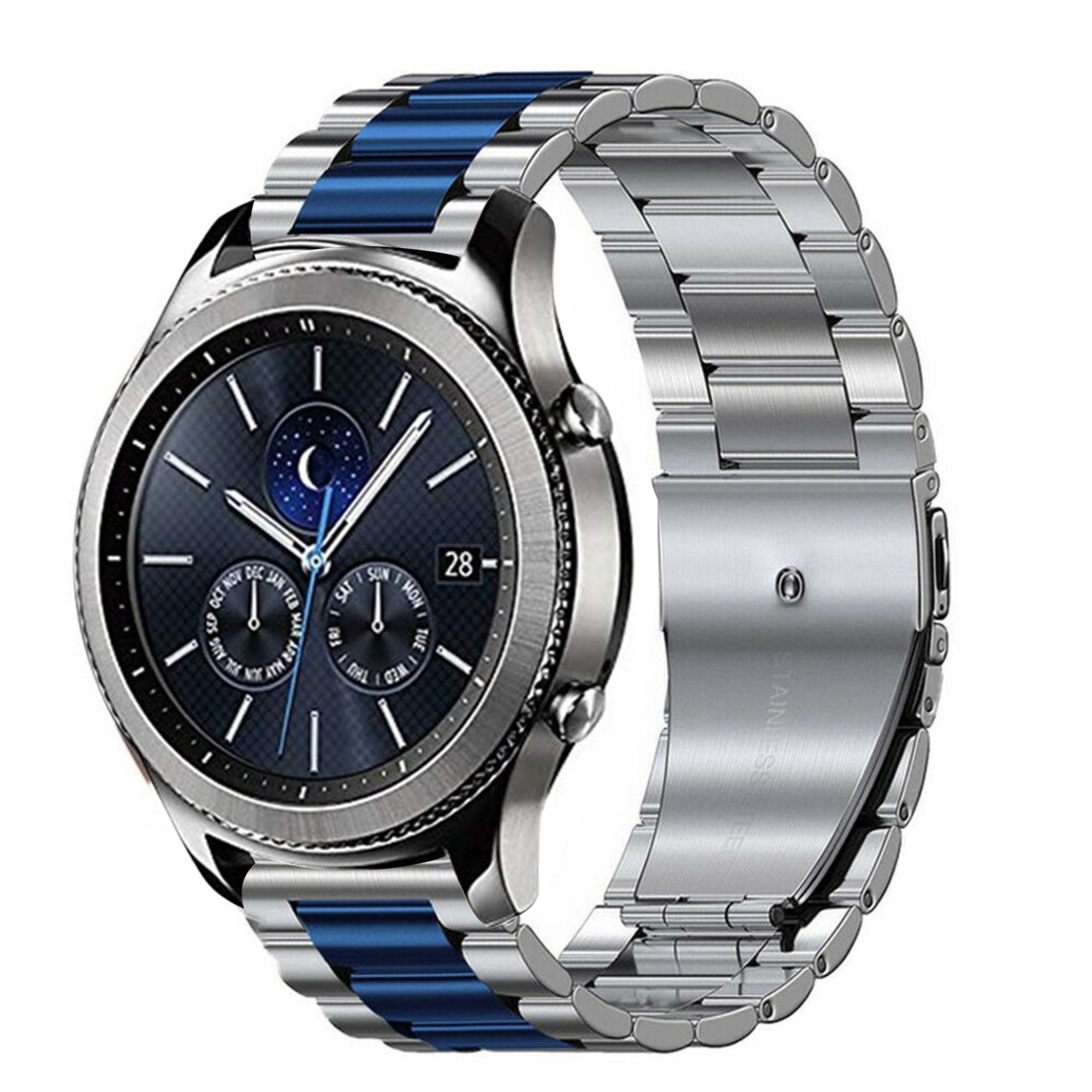 Steel Strap, silver/blue, on a watch, 3/4 front view