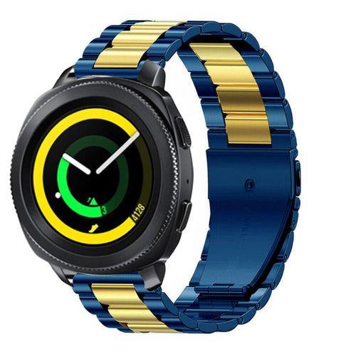 Steel Strap, blue/gold, on a watch, 3/4 front view