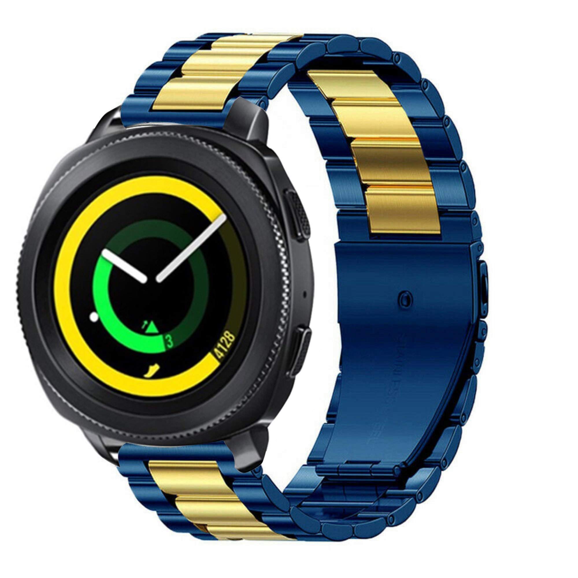 Steel Strap, blue/gold, on a watch, 3/4 front view
