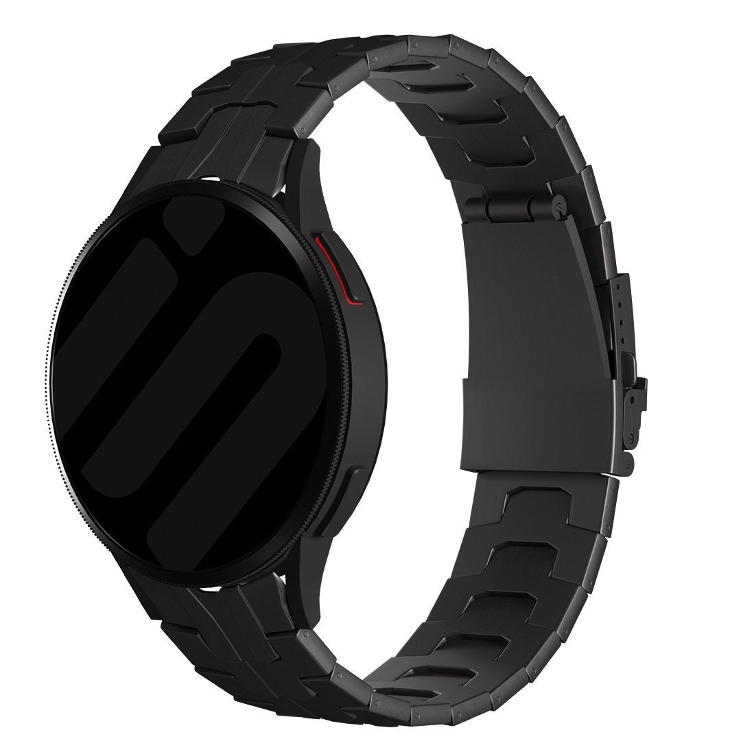 Titanium Strap 'Iron', black, on a watch, 3/4 front view