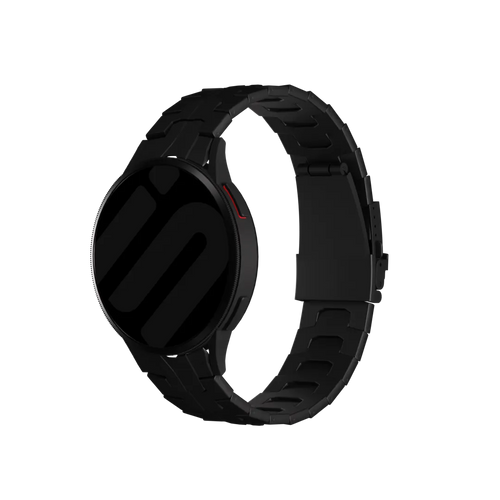Titanium Strap 'Iron', black, on a watch, 3/4 front view