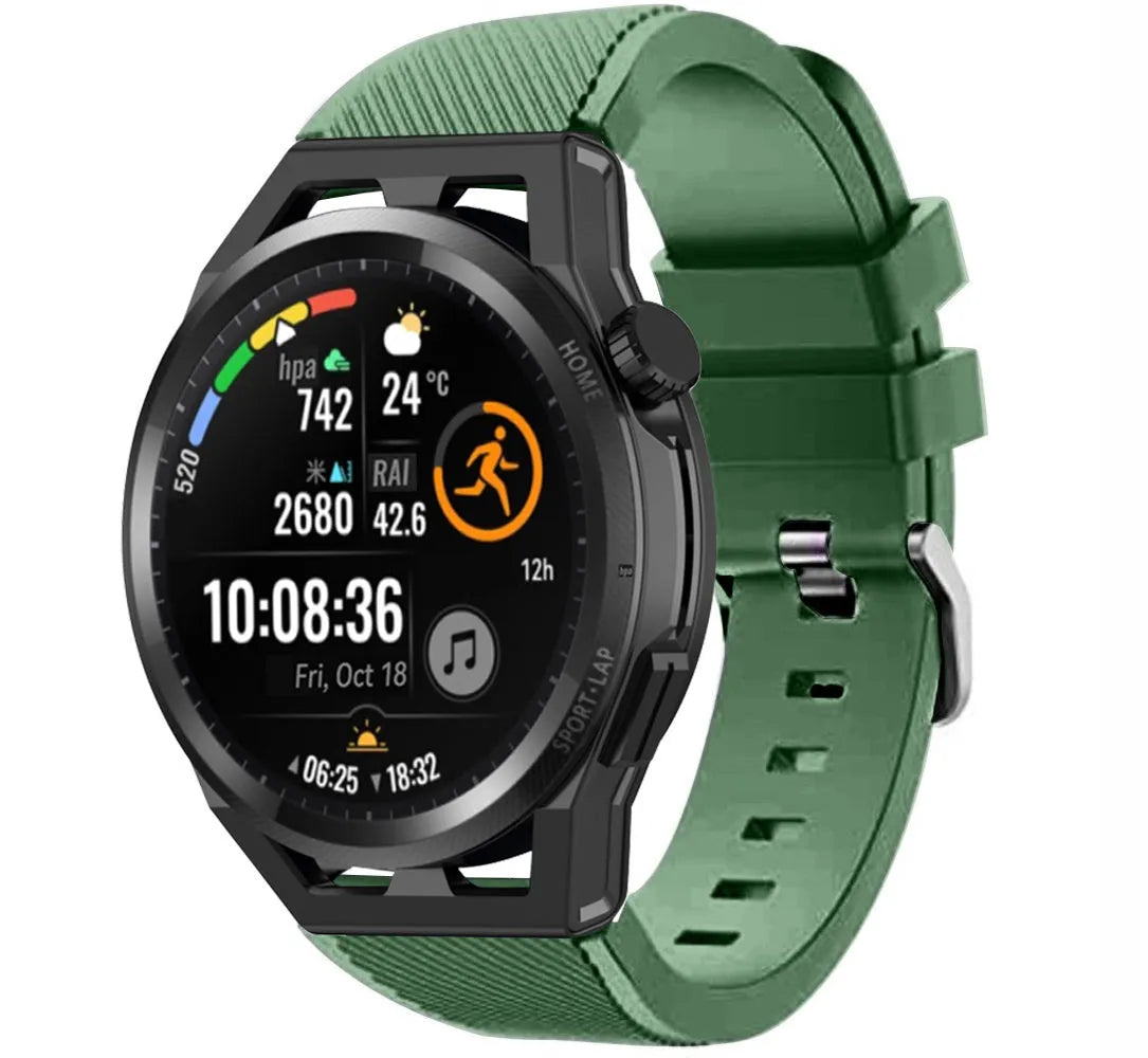 Twill Silicone Strap, army green, on a watch, 3/4 front view