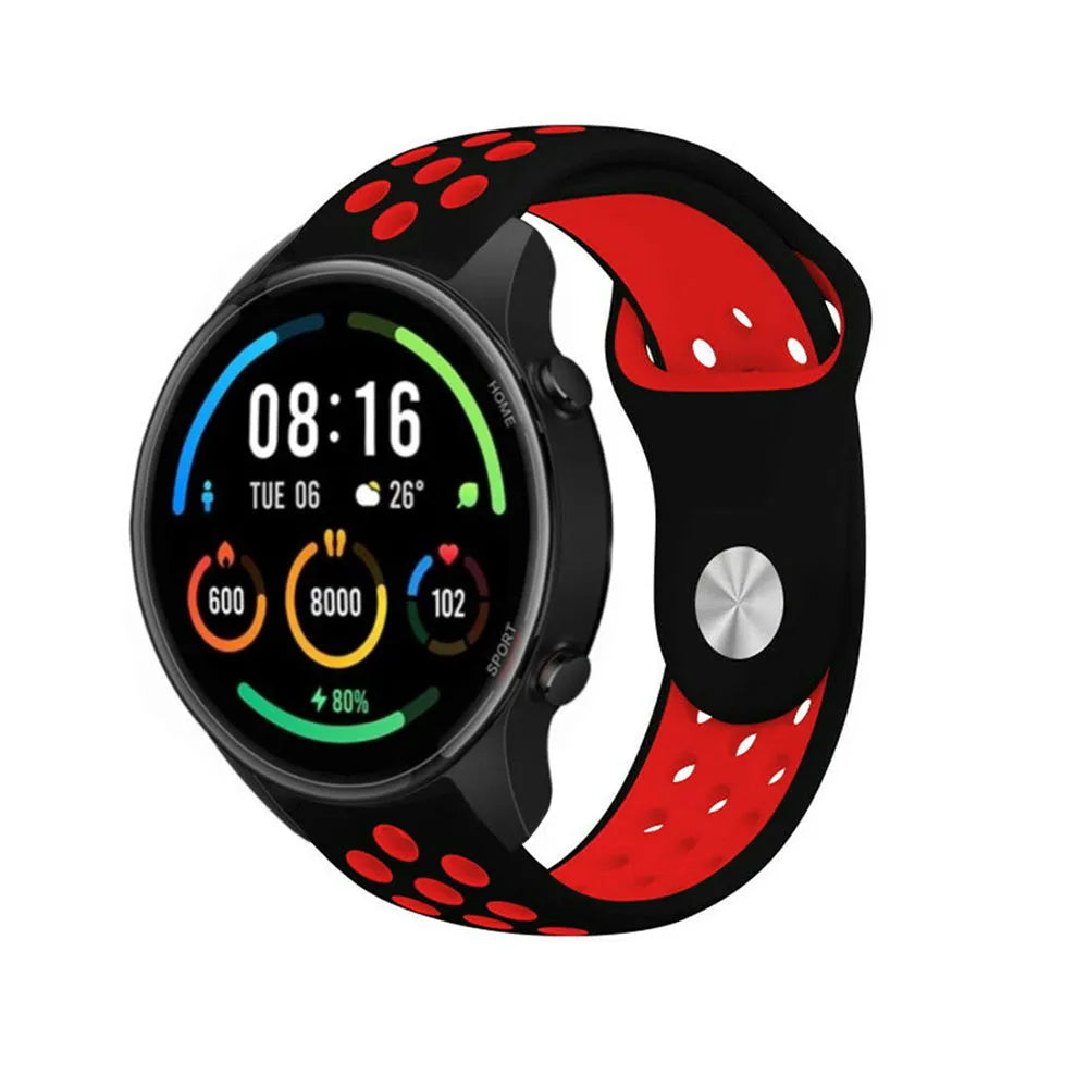 Silicone Sport Strap, black/red, on a watch, 3/4 front view