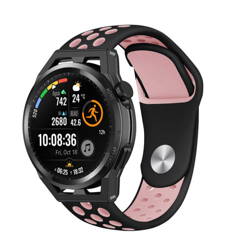 Silicone Sport Strap, black/pink, on a watch, 3/4 front view