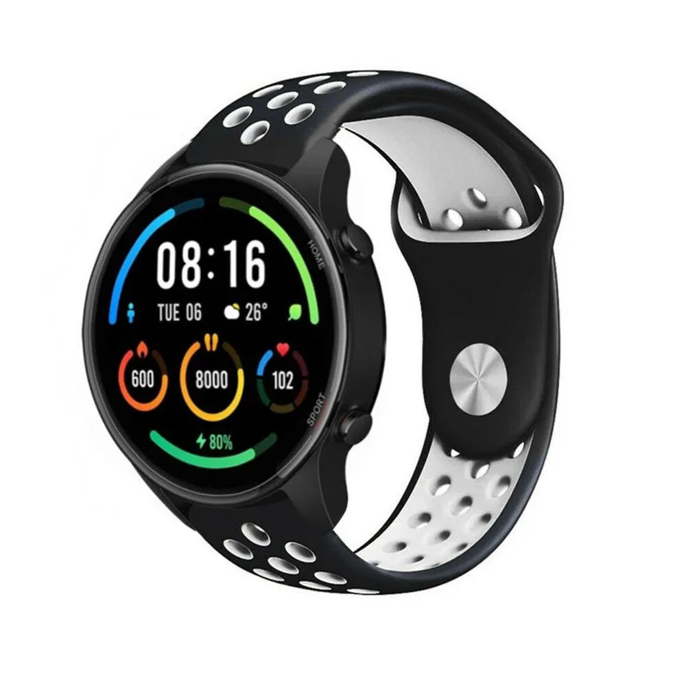 Silicone Sport Strap, black/white, on a watch, 3/4 front view