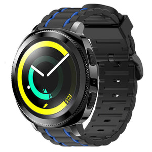 Silicone Strap 'Tough', black/blue, on a watch, 3/4 front view