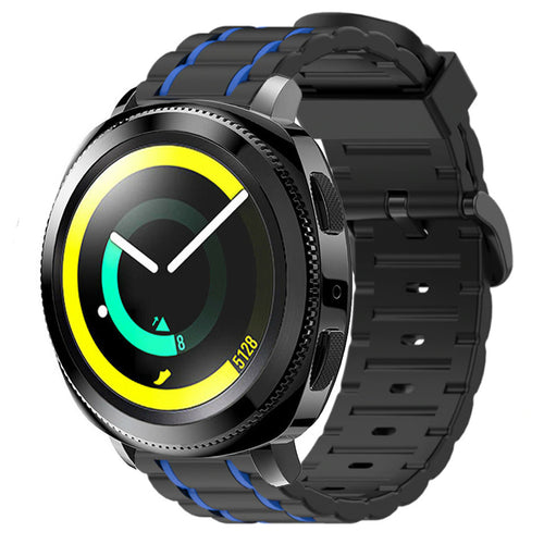 Silicone Strap 'Tough', black/blue, on a watch, 3/4 front view
