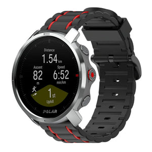 Silicone Sport Strap with Buckle, black/red, on a watch, 3/4 front view