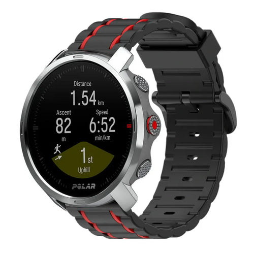 Silicone Sport Strap with Buckle, black/red, on a watch, 3/4 front view