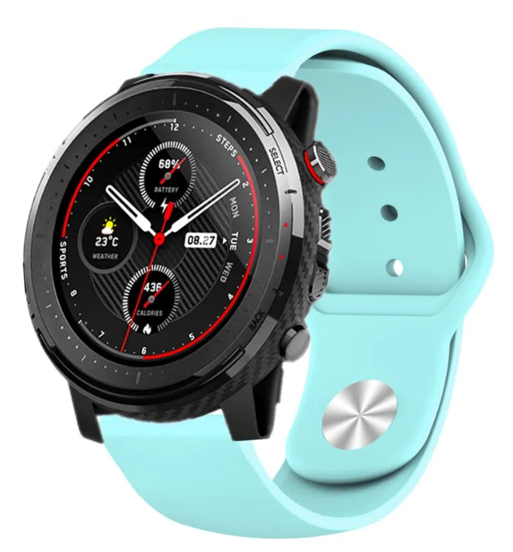 Silicone Sport Strap, aqua, on a watch, 3/4 front view