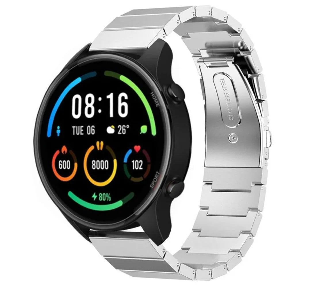 Premium Metal Strap, silver, on a watch, 3/4 front view